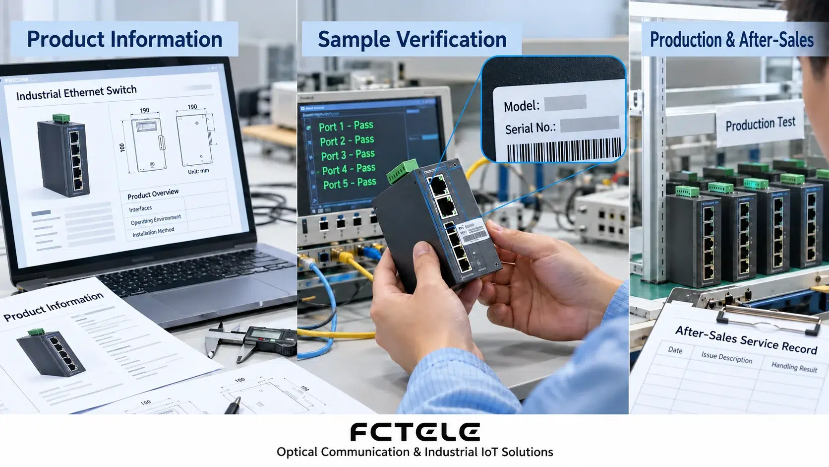 Verification centers on the specific model and the delivery entity: labels, documentation, samples, and after-sales commitments should correspond to one another.