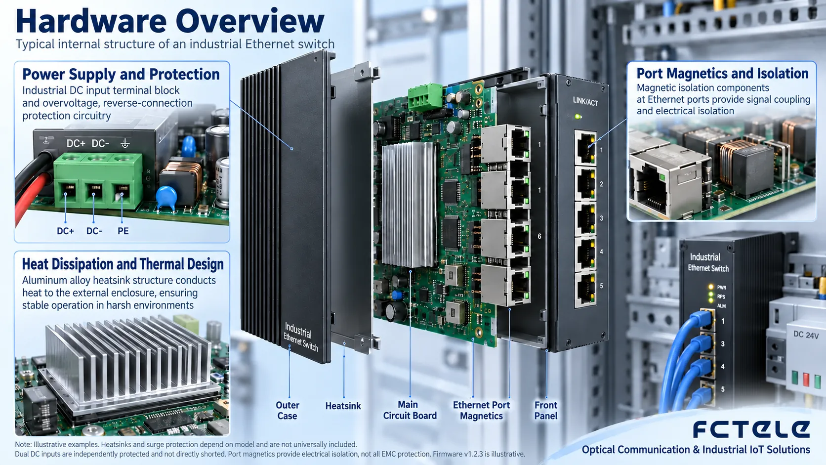 The teardown diagram expands the parts inside the housing: power supply, thermal management, and interface design together affect long-term operation. The diagram does not represent the circuit of a specific product.