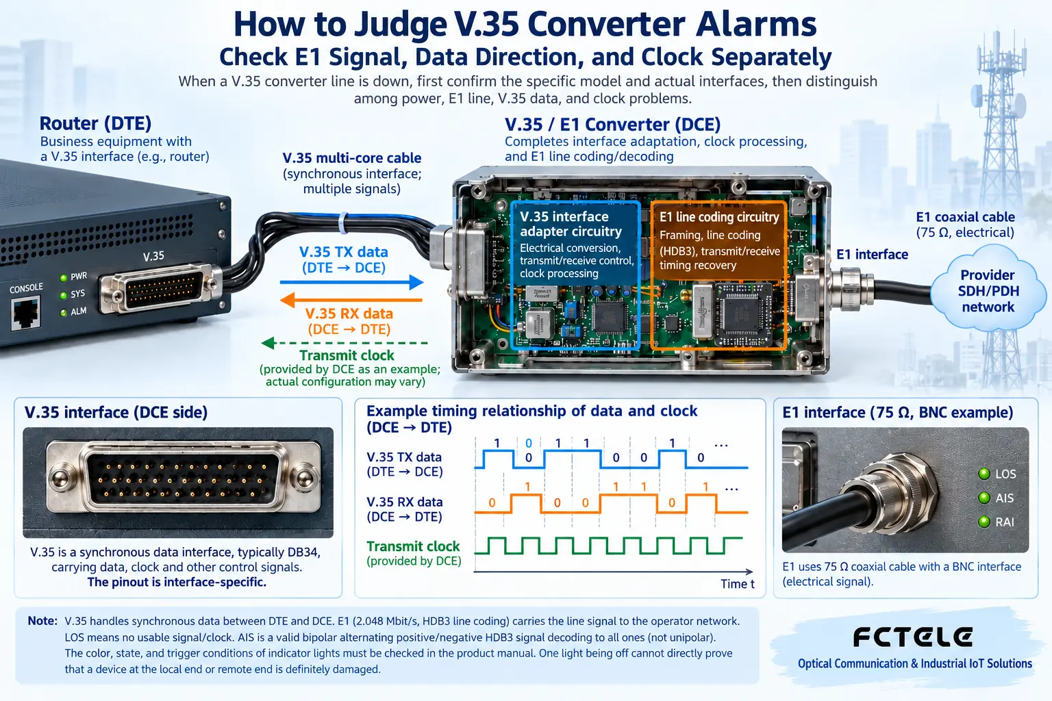 The direction and clock role of V.35 synchronous data should be checked separately, and test loopbacks should be performed only during an authorized maintenance window.
