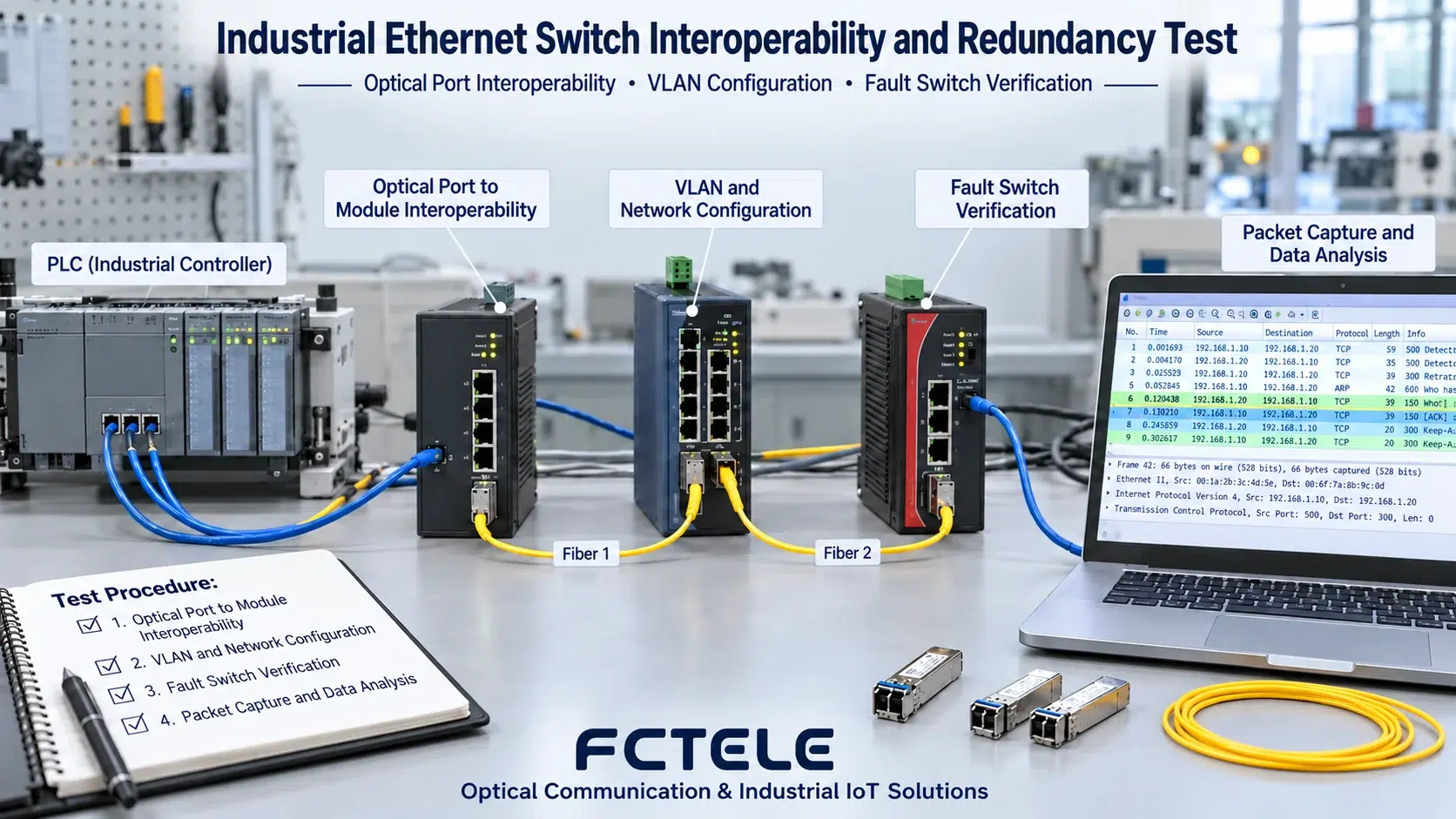 A cross-vendor prototype bench should use the planned optical modules, VLANs and protection configurations to test normal communication and service recovery after a fault.