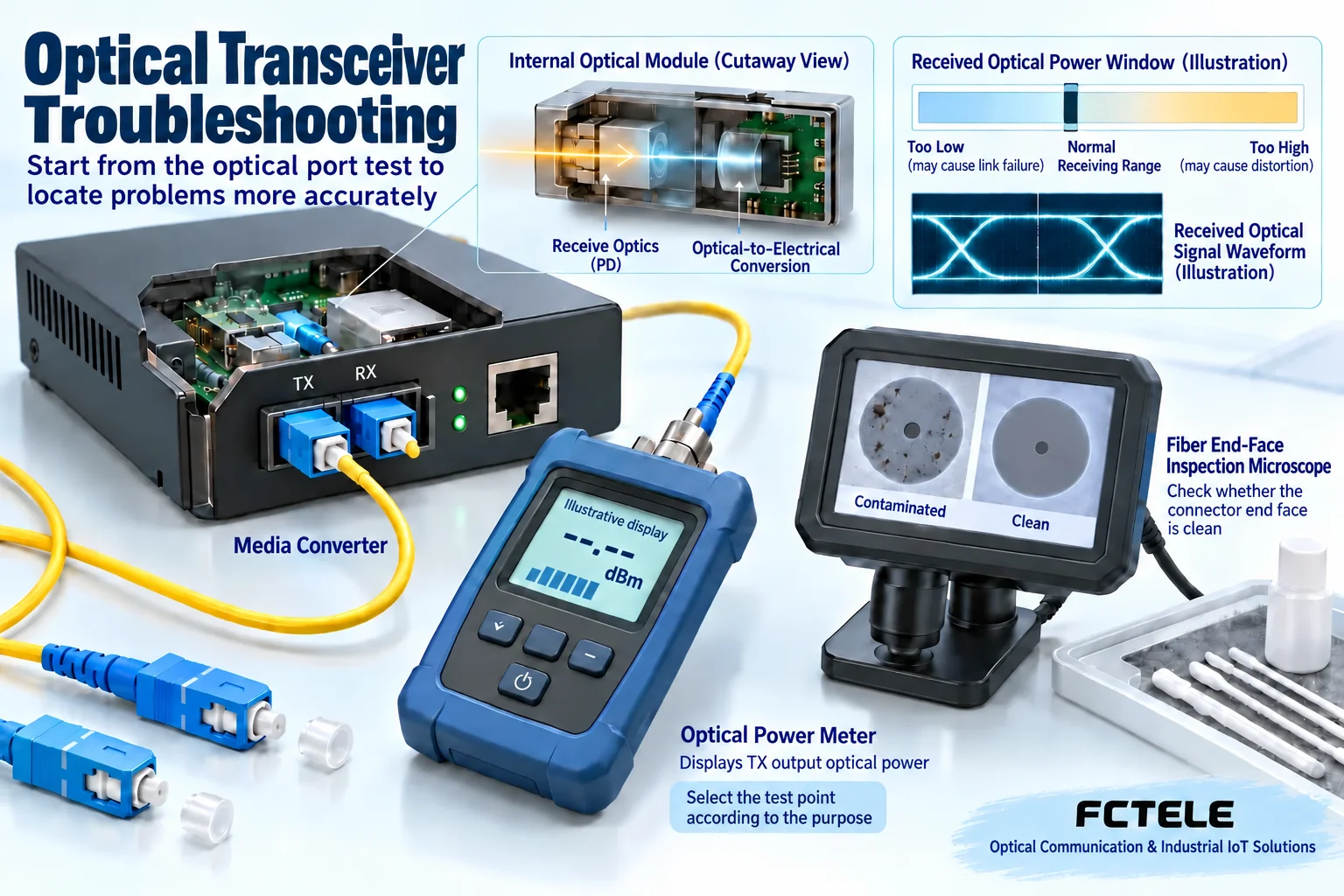 Transmitter output power measurement and optical-to-electrical conversion inside a receiver