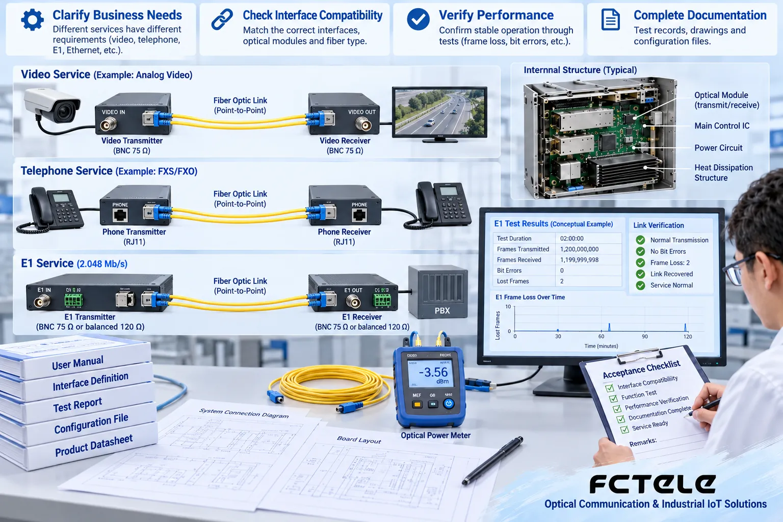 Function, bit errors, recovery, and documentation verification form the selection evidence; the illustrated test bench does not represent any brand's certification or measured results.