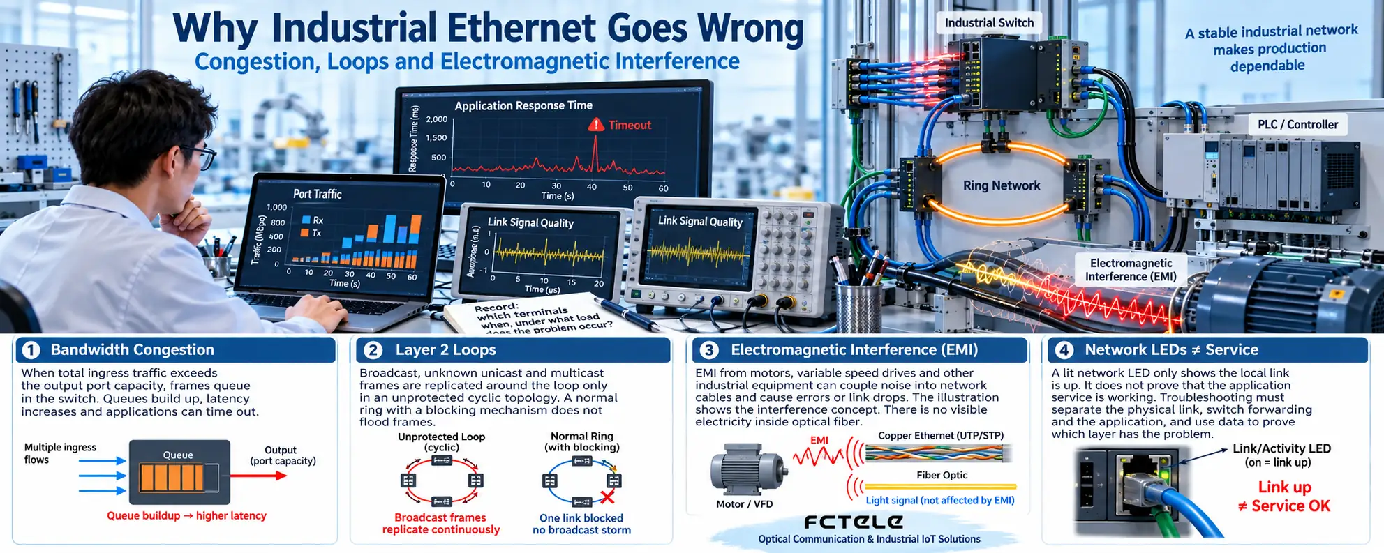 Port counters, link measurements and application messages together locate the problem. A test tool cannot just provide a vague "normal" conclusion.
