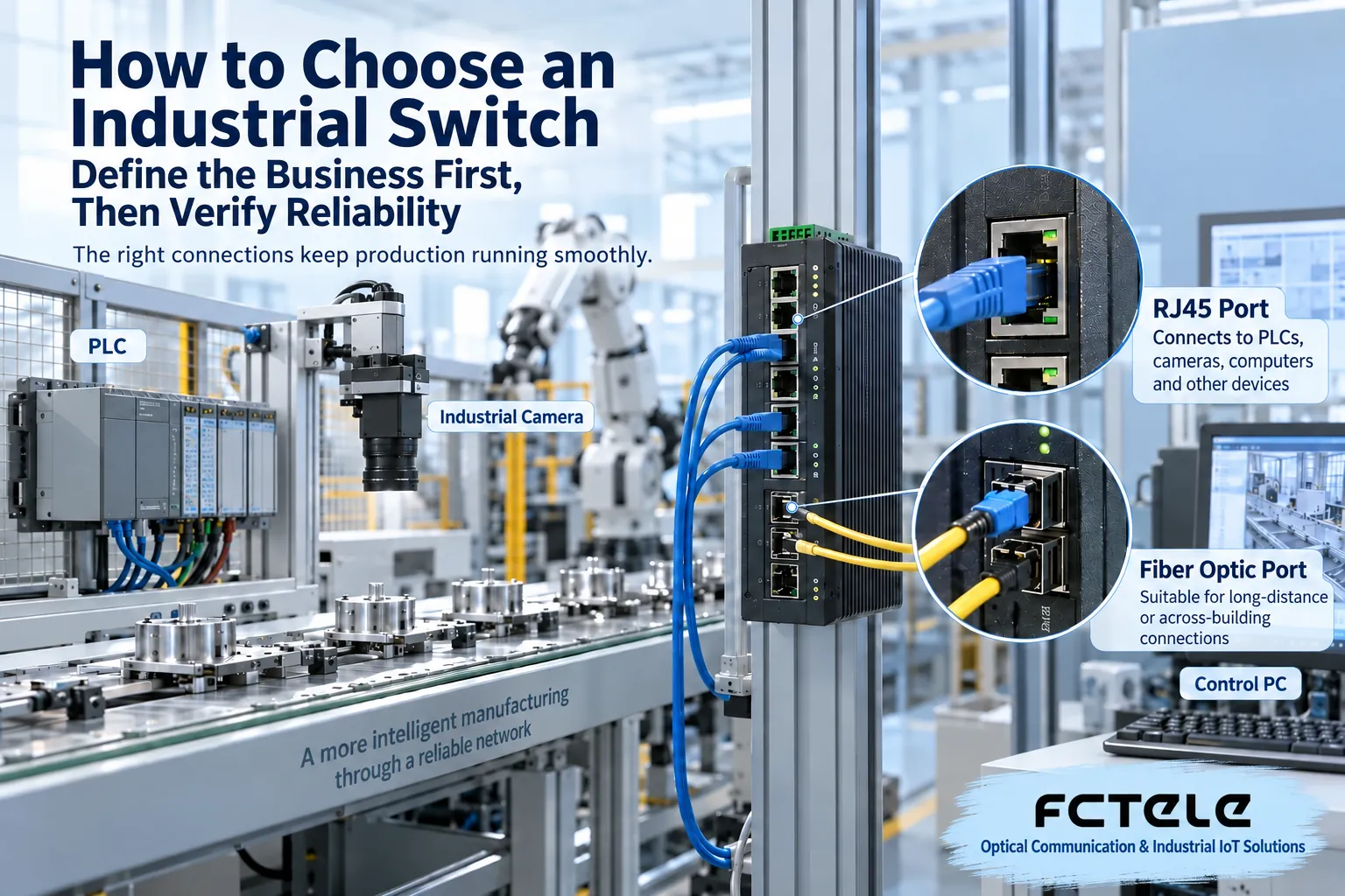 Production line terminals connect to an industrial switch through electrical ports and optical ports; interfaces must correspond to the business