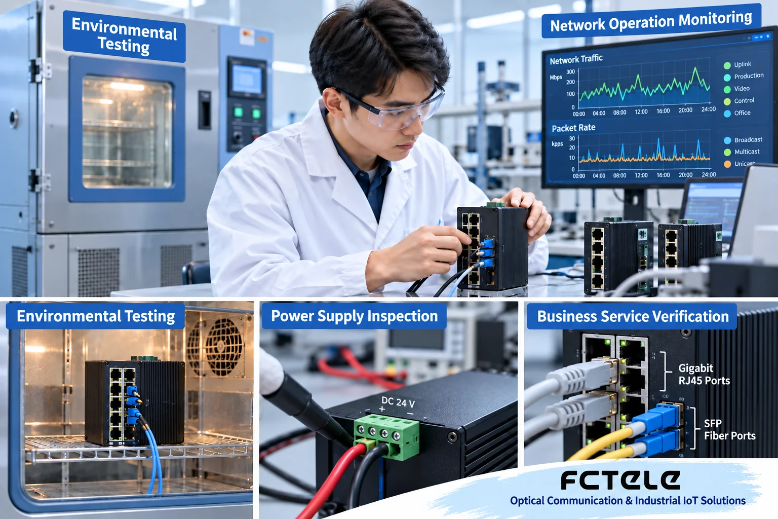 Environment, power supply and actual business are verified separately; the people and test screens in the figure are only illustrative